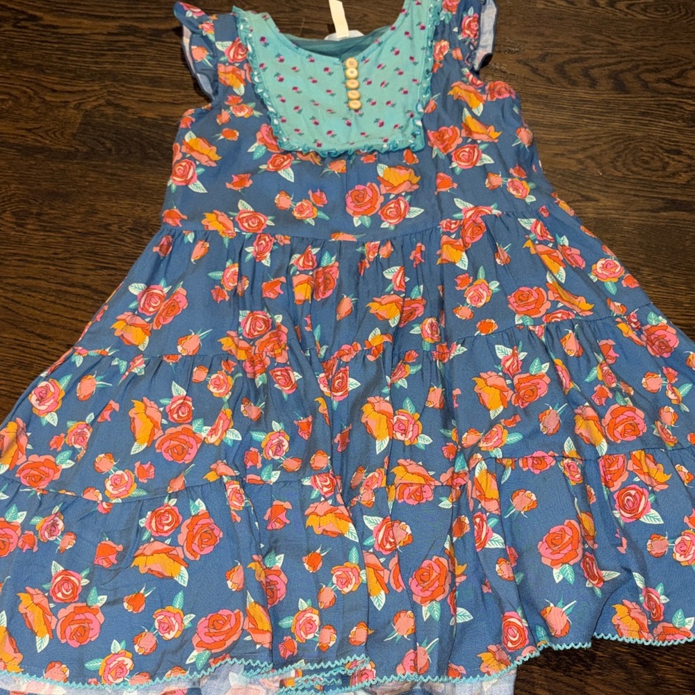 Matilda Jane Blue Dress with Pink and Orange Floral Pattern
